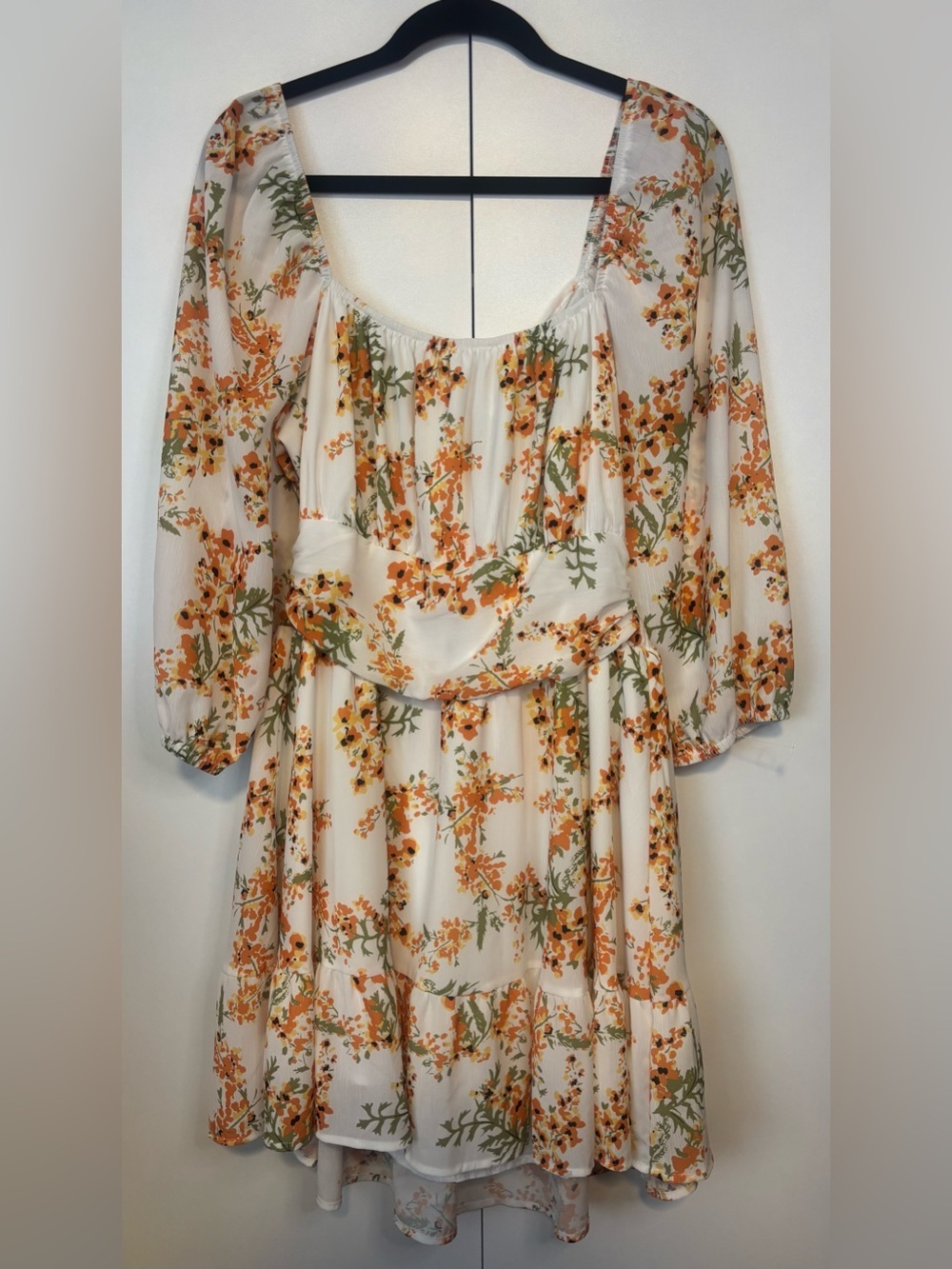 Cream Midi Dress with Orange Floral Print and Scoop Neck